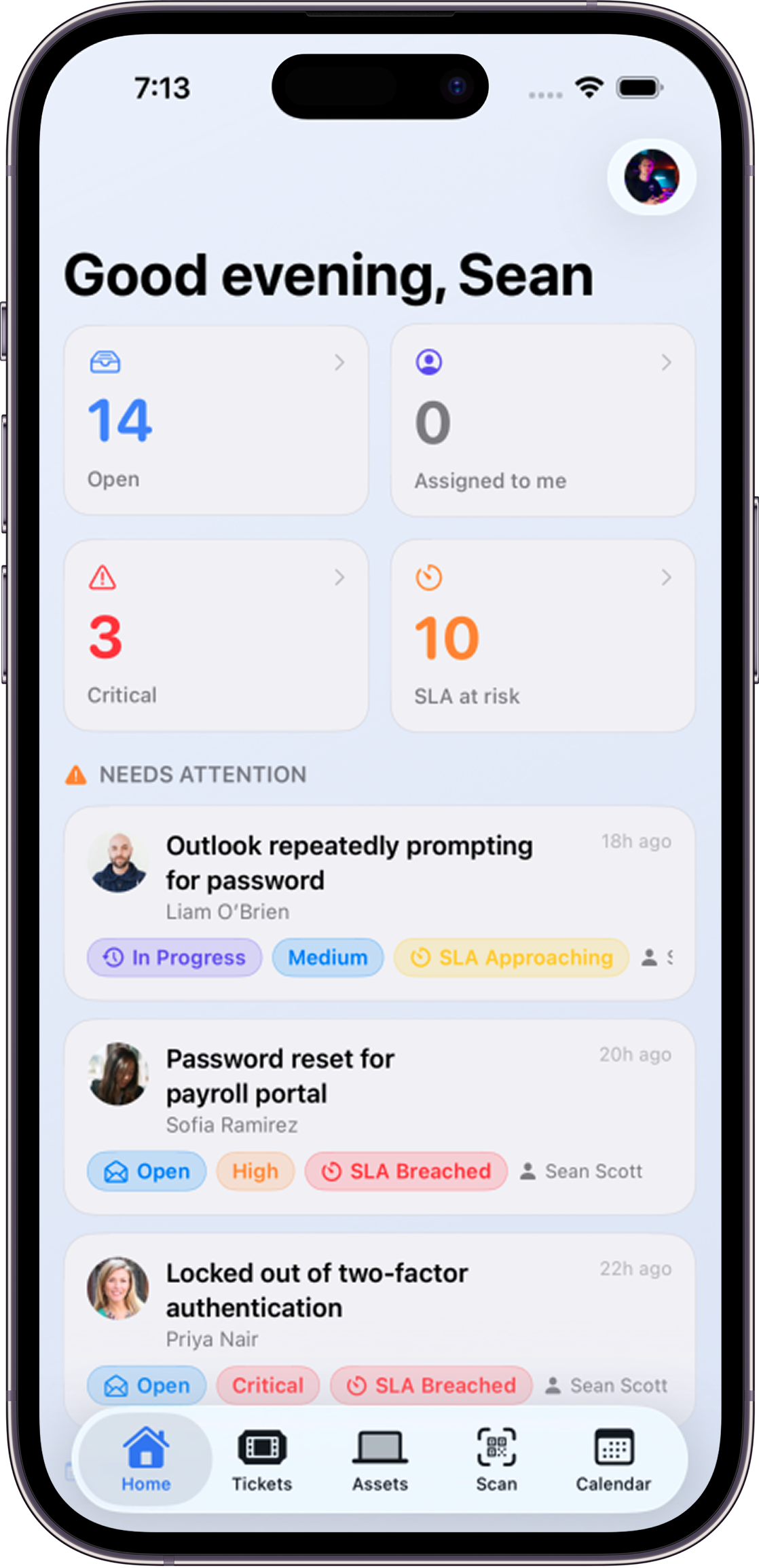 UniDesk mobile home with tickets, assets, and quick actions