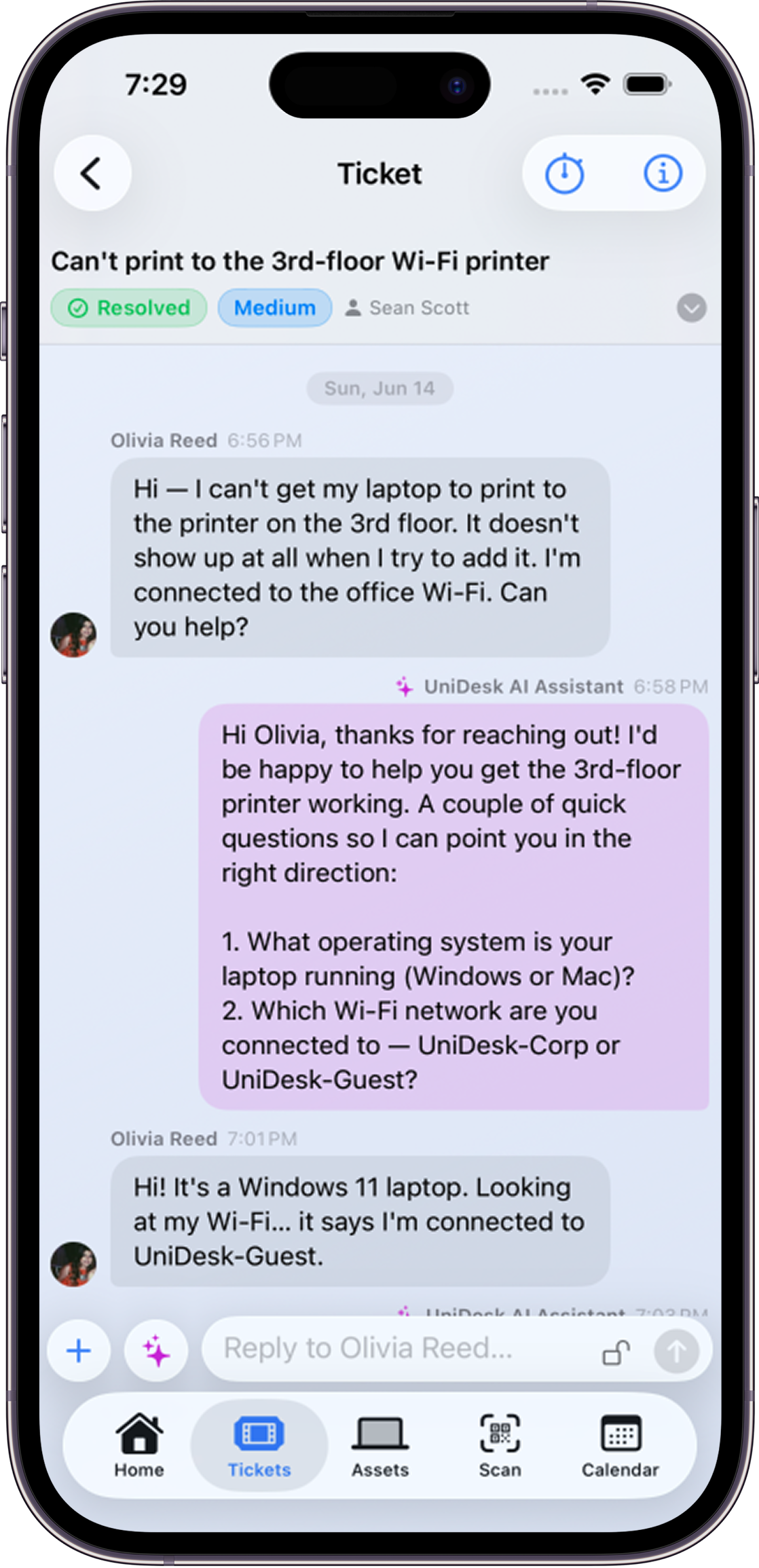 A ticket conversation in the UniDesk mobile app