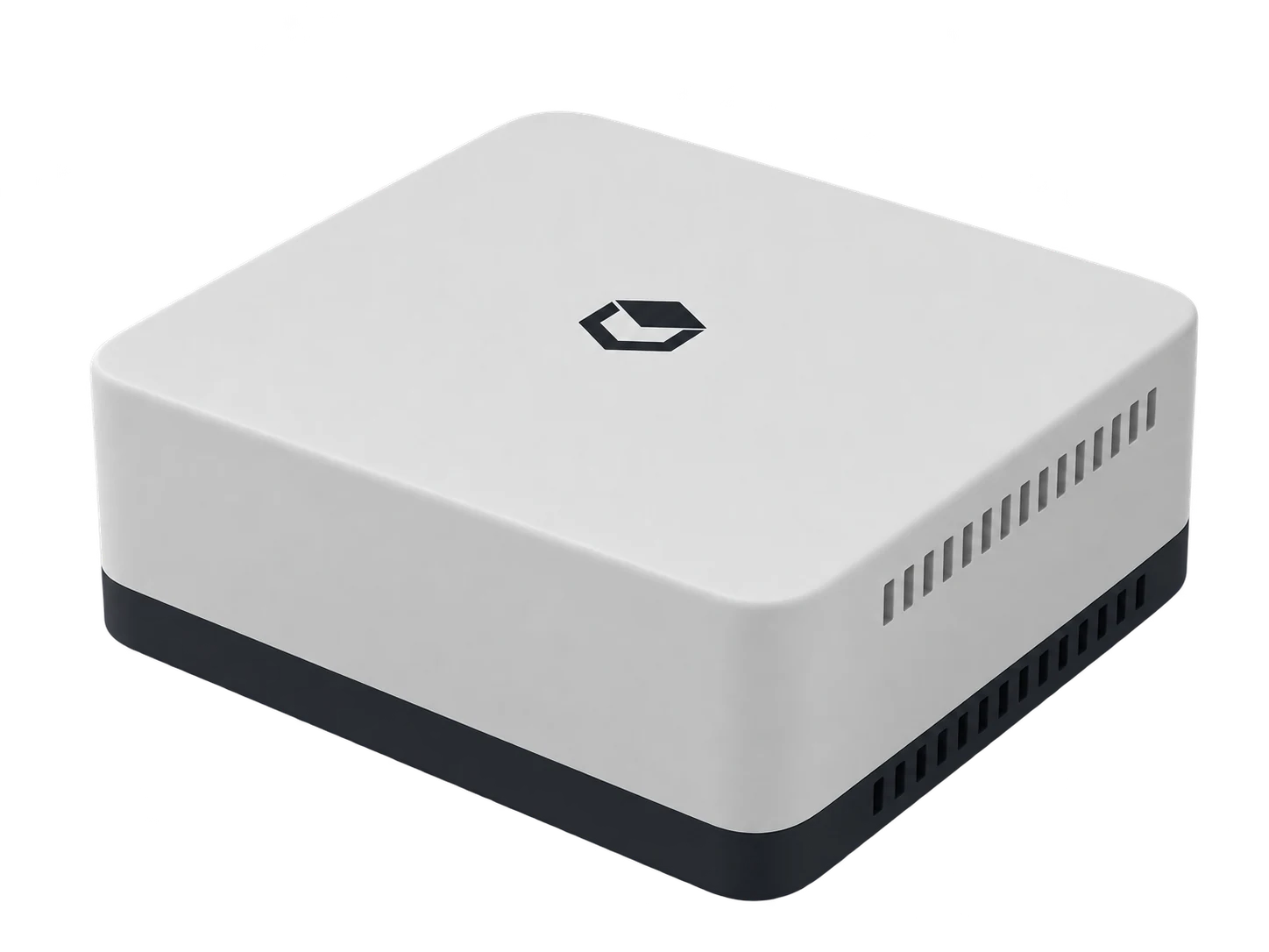 UniDesk Node with its white ventilated enclosure and graphite base