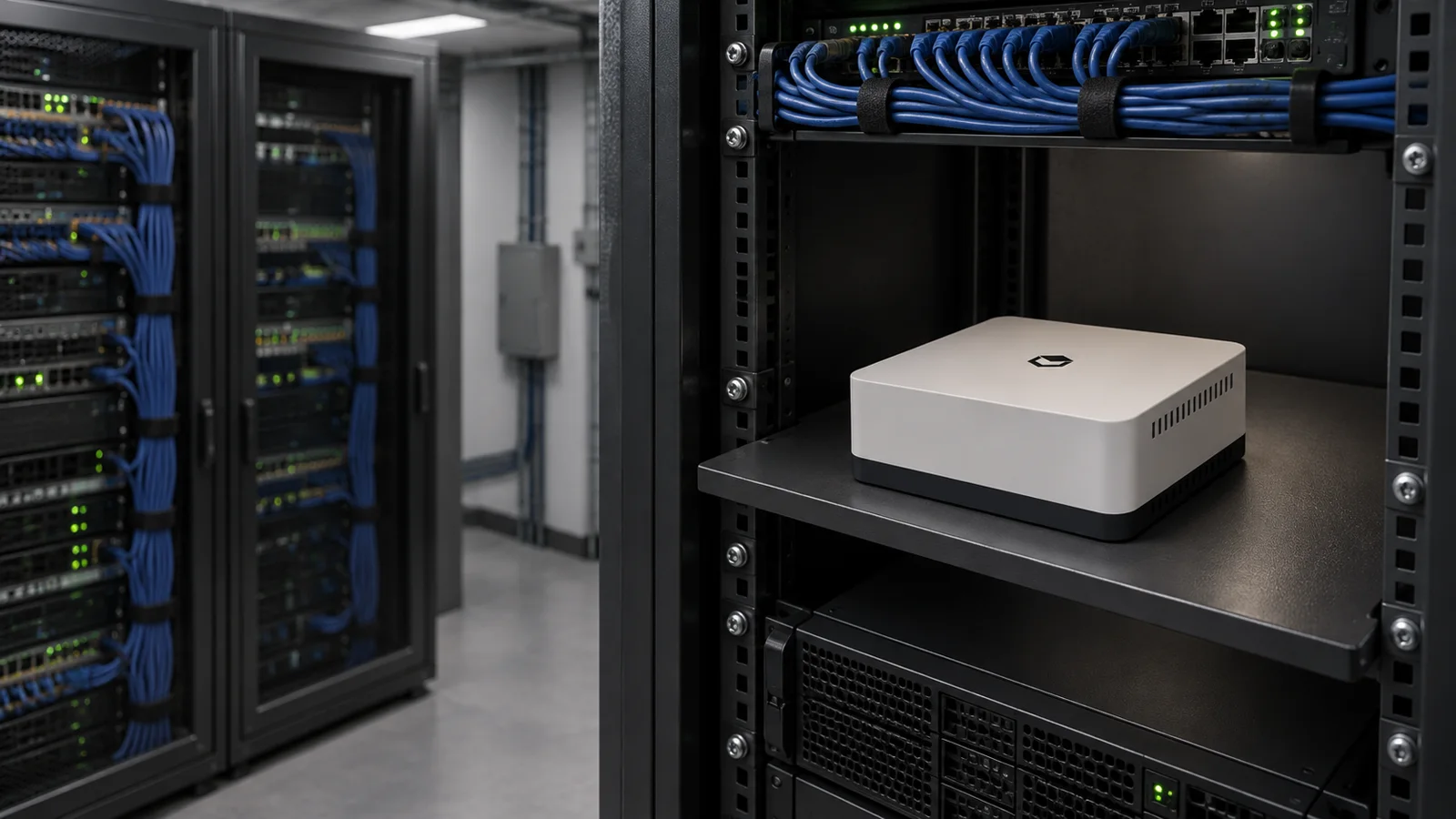 Visualization of a compact UniDesk Node on a server cabinet shelf beside network equipment