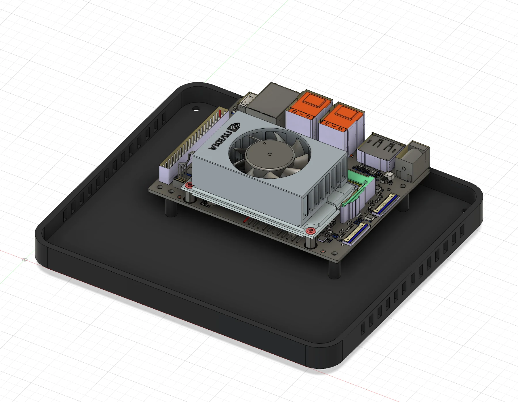 CAD view inside UniDesk Node, showing the Jetson board, cooling fan, heatsink, and rear connectors in its graphite base