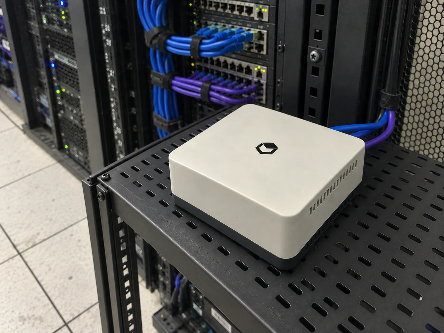 Visualization of UniDesk Node on an equipment shelf alongside server racks and organized network cabling