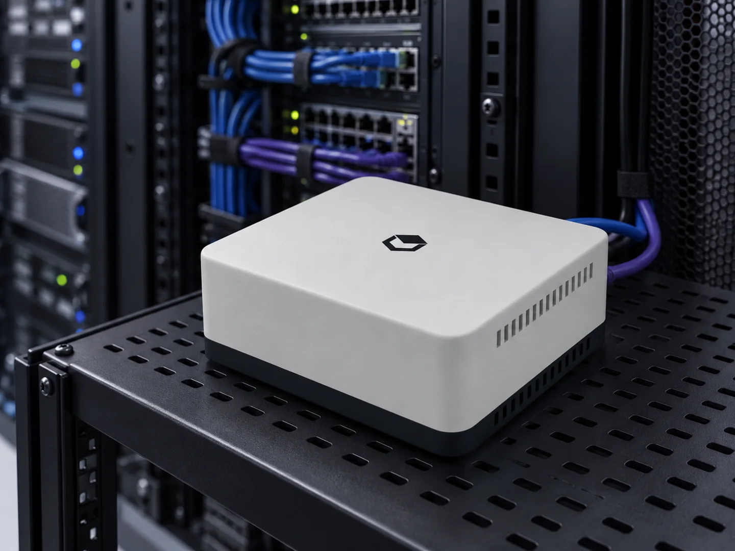 Visualization of UniDesk Node on an equipment shelf alongside server racks and organized network cabling